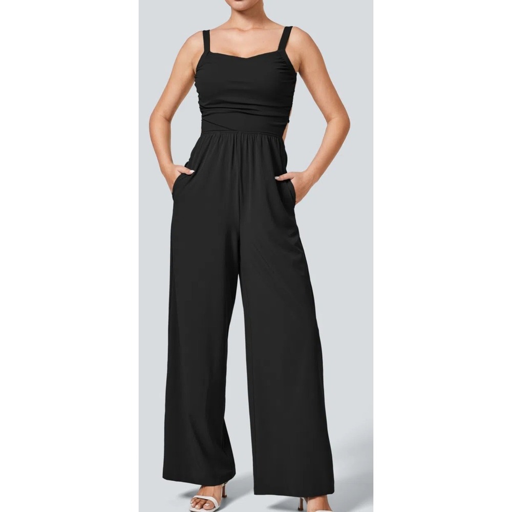 Halara Breezeful‎ Lace Up Pocket Quick Dry Casual Jumpsuit Black Wide Leg XS